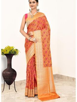 Naaritva Banaras - Orange Katan Silk Handwoven Banaras Saree with Unstitched Blouse