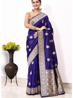 Naaritva Banaras - Navy Blue Katan Silk Handwoven Banaras Saree with Unstitched Blouse