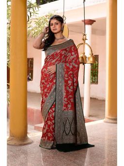 Naaritva Banaras - Crimson Red Banarasi Crape Chiffon Silk Saree with Unstitched Blouse