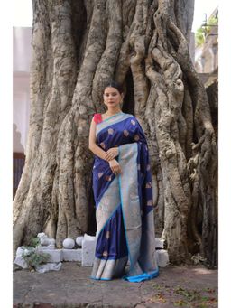 Naaritva Banaras - Cobalt Blue Pure Handwoven Banarasi Katan Silk Saree with Unstitched Blouse