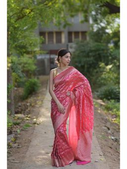 Naaritva Banaras - Crimson Pink Pure Handwoven Banarasi Katan Silk Saree with Unstitched Blouse
