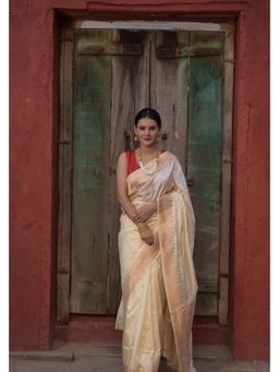 Naaritva Banaras - Almond Cream Pure Handwoven Banarasi Katan Silk Saree with Unstitched Blouse