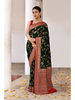 Naaritva Banaras - Emerald Green Banarasi Crape Chiffon Silk Saree with Unstitched Blouse