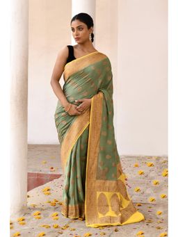 Naaritva Banaras - Green Banarasi Crape Chiffon Silk Saree with Unstitched Blouse