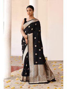 Naaritva Banaras - Classic Black Handwoven Banarasi Katan Silk Saree with Unstitched Blouse