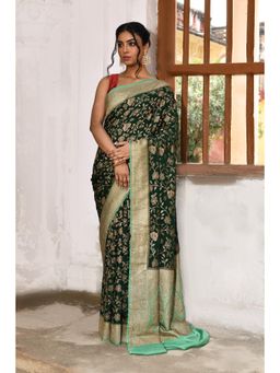 Naaritva Banaras - Emerald Green Banarasi Crape Chiffon Silk Saree with Unstitched Blouse