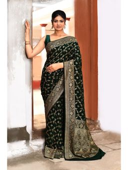 Naaritva Banaras - Elegant Dark Green Banarasi Crape Chiffon Silk Saree with Unstitched Blouse