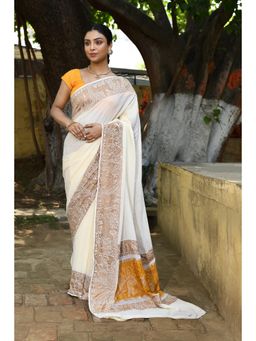 Naaritva Banaras - Ivory Banarasi Crape Chiffon Silk Saree with Unstitched Blouse