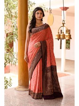 Naaritva Banaras - Coral Banarasi Crape Chiffon Silk Saree with Unstitched Blouse