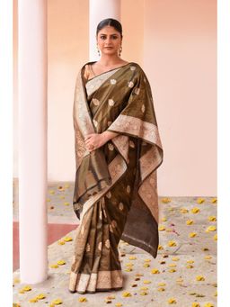 Naaritva Banaras - Handwoven Olive Green Pure Banarasi Katan Silk Saree with Unstitched Blouse