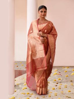Naaritva Banaras - Handwoven Rose Gold Banarasi Kora Tissue Silk Saree with Unstitched Blouse