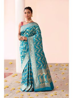 Naaritva Banaras - Turquoise Blue Banarasi Silk Saree with Unstitched Blouse