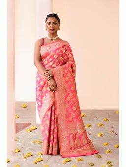 Naaritva Banaras - Pink Banarasi Silk Saree with Unstitched Blouse with Gold Zari Jaal