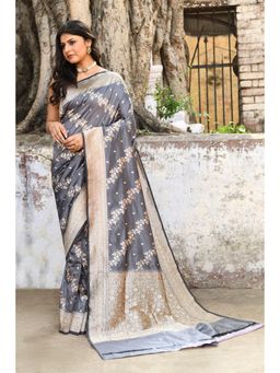 Naaritva Banaras - Handwoven Silver Grey Banarasi Soft Silk Saree with Unstitched Blouse