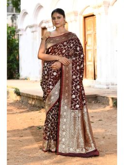 Naaritva Banaras - Brown Handwoven Coffee Banarasi Silk Saree with Unstitched Blouse
