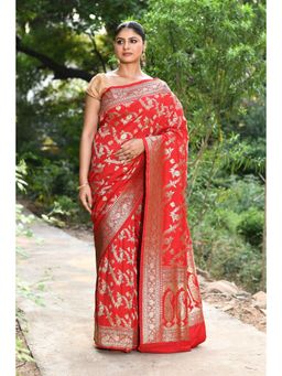 Naaritva Banaras - Handwoven Red Banarasi Silk Saree with Unstitched Blouse