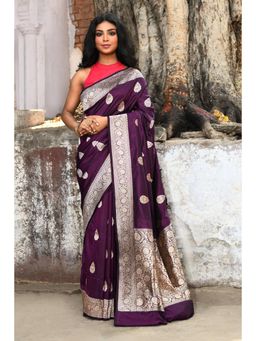 Naaritva Banaras - Purple Handwoven Plum Banarasi Katan Silk Saree with Unstitched Blouse