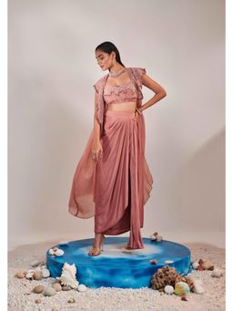 ONE KNOT ONE - Pink Hawl Collar Cutwork Cape with Blouse and Skirt