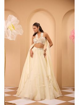 ONE KNOT ONE - Ivory Embellished Blouse with Lehenga and Attached Dupatta