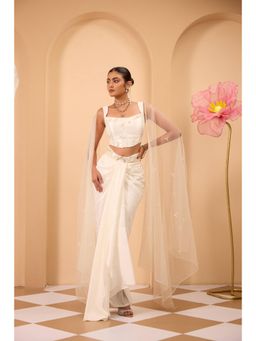 ONE KNOT ONE - Ivory Embellished Corset Blouse and Drape Skirt with Dupatta