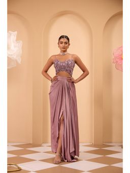 ONE KNOT ONE - Purple Embellished Strappy Blouse with Drape Skirt