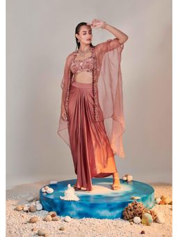 ONE KNOT ONE - Salmon Pink Embellished Blouse and Skirt With Cape