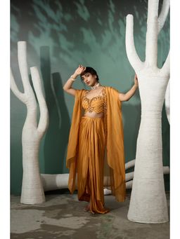 ONE KNOT ONE - Marigold Mustard Cutwork Cape with Blouse and Skirt