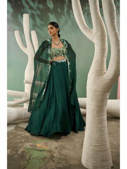 ONE KNOT ONE - Green Applique Cape with Blouse and Lehenga