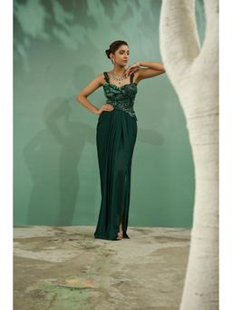 ONE KNOT ONE - Emerald Green Cutwork Top with Drape Skirt