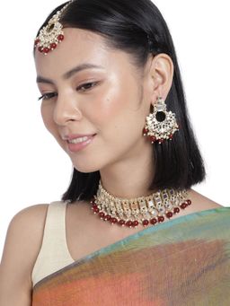 Accessher - Gold Toned Kundan Red-White Enamel Jewellery Set Mirror with Pearls-Beads