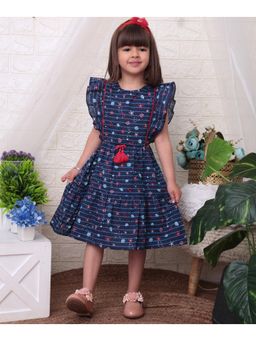 Beebay - Kid Girl's Navy Nautical Print Cut-Out Dress With Tassel