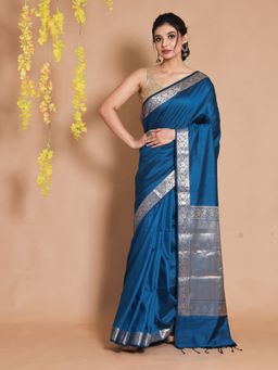 CHARUKRITI - Cobalt Blue Silk Zari Floral & Chevron Pallu Handwoven Saree with Unstitched Blouse