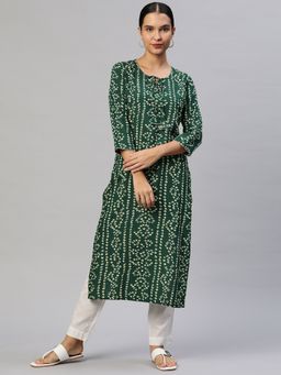 PIROH - Womens Rayon Bandhani Print Straight Kurta - Bottle Green