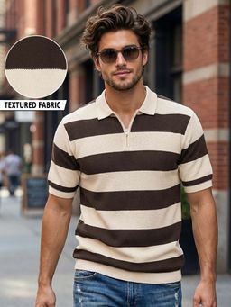 Bewakoof - Men'S Brown and Beige Color Block Stripes Polo T-Shirt