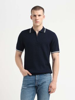 SELECTED HOMME - Navy Blue Men Structured Knitted Zipper Polo T-shirt