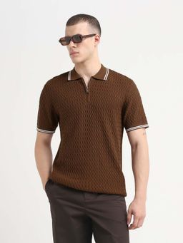SELECTED HOMME - Brown Men Structured Knitted Zipper Polo T-shirt