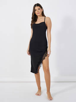 Styli - Black Eyelash Lace Side Split Knee-Length Slip Dress