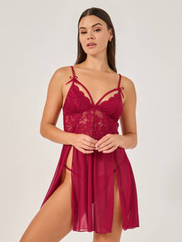 Styli - Red Apex Strap and Two High Side Slits Babydoll with Briefs