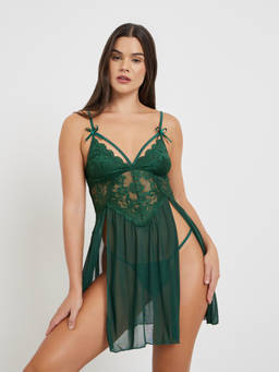 Styli - Green Apex Strap and Two High Side Slits Babydoll with Briefs