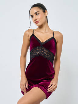 Styli - Burgundy Velvet Slip with Lace Insert Panel Detail