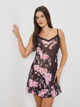 Styli - Black Floral Print Babydoll with Ruffled Hem and Briefs