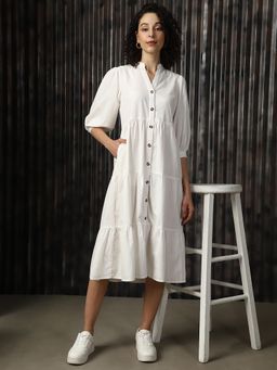 High Star - Cotton Mandarin Collar Bishop Sleeves Shirt Midi Tiered Dress