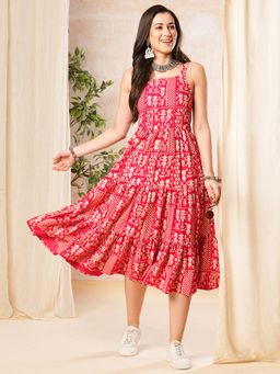 Globus - Women Pink Floral Print Fit and Flare Midi Dress