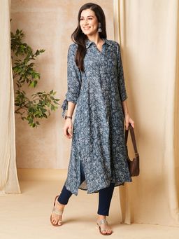 Globus - Women Blue Floral Print Shirt Collar Kurta