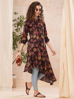 Globus - Women Wine Floral Print Asymmetric Hem Mandarin Collar Kurta