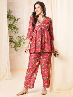 Globus - Women Red Printed Alia-Cut A-Line Peplum Tunic & Straight Pant Co-Ord (Set of 2)