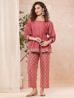 Globus - Women Pink Peplum Tunic & Printed Straight Pant Co-Ord (Set of 2)