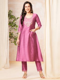 Globus - Women Purple Printed Embroidered Yoke A-Line Kurta with Pant (Set of 2)