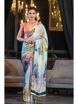 Beatitude - Multicolor Satin Crepe Saree Digital Print with Unstitched Blouse