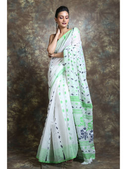 Arhi - White Silk Cotton Handwoven Soft Saree With Allover Thared Weving